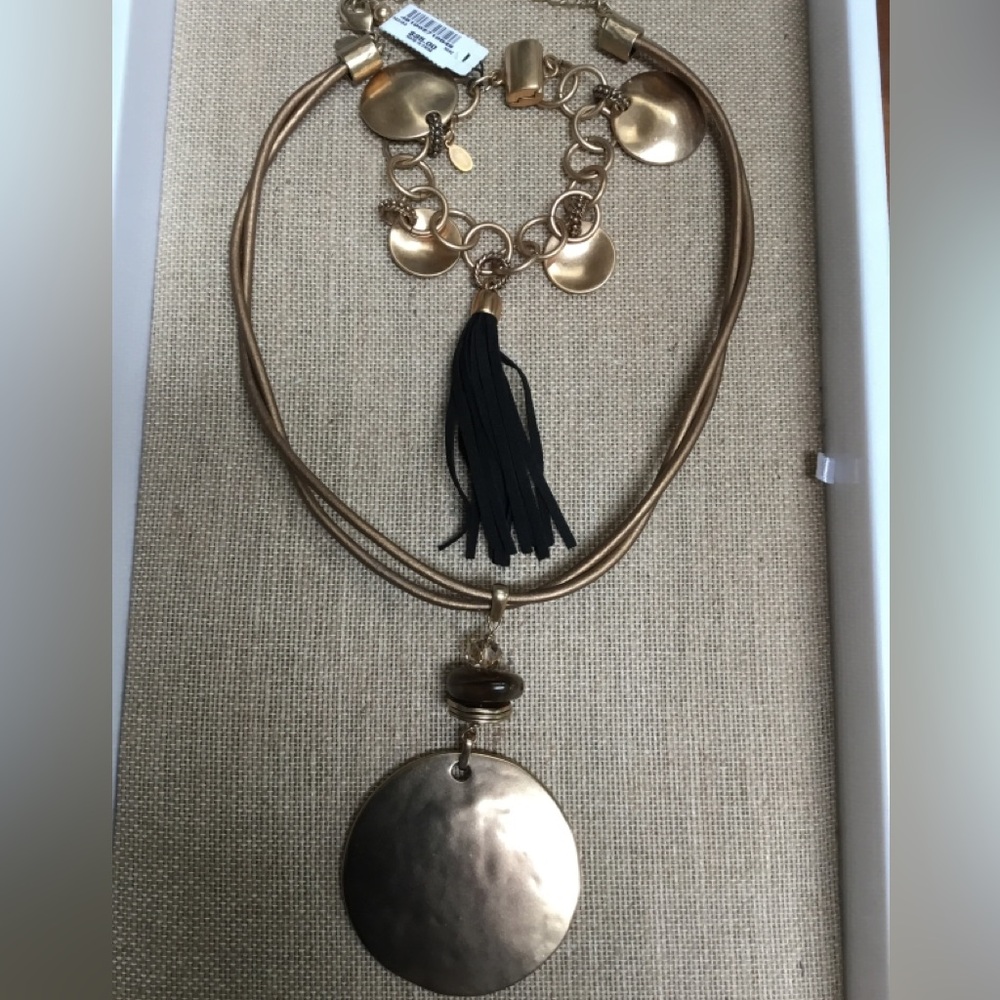 Chico’s Brushed Gold Statement Necklace and Magnetic Clasp Bracelet Set